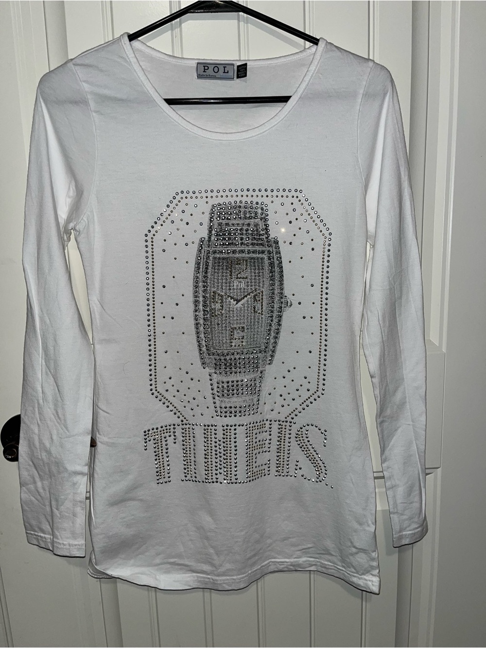 POL White Crewneck Long Sleeve Tee with Embellished Front